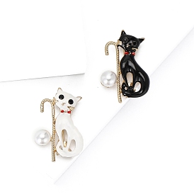 Enamel Pin, Alloy Rhinestone Brooch for Backpack Clothes, Cat Shape with Cane