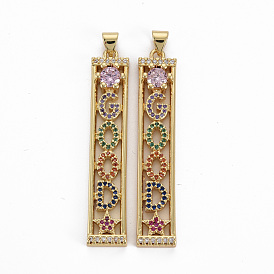 Brass Micro Pave Cubic Zirconia Big Pendants, Nickel Free, Rectangle with Word GOOD