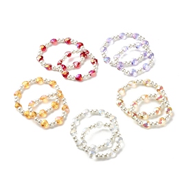 Sparkling Heart Glass Beads Stretch Bracelets Set for Children and Parent, Two Tone Glass Beads Bracelets, White