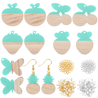 Kits de fabrication de boucles d'oreilles bricolage, 12 pcs 6 pendentifs en résine et bois de style, fraise & ananas & papillon & pomme & radis & cerise, 3.87 g 2 anneaux en laiton de style et 40 pcs 2 crochets de boucle d'oreille en laiton de couleurs