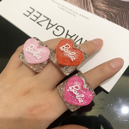 Chic Acrylic Ring with Heart-shaped Resin and Macaron Letter Design for Women's Fashion Accessories