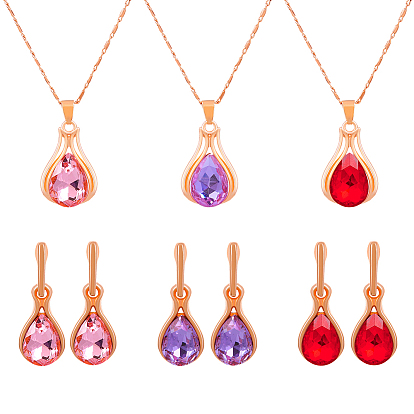 3 серьги-гвоздики и ожерелье с подвеской в форме капли со стразами разных цветов, набор украшений из сплава для женщин