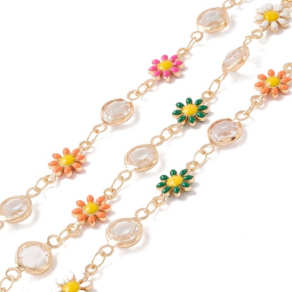 Brass Link Chains, with Glass Flat Round & Enamel Flower Links, Soldered, with Spool, Lead Free & Cadmium Free, Golden