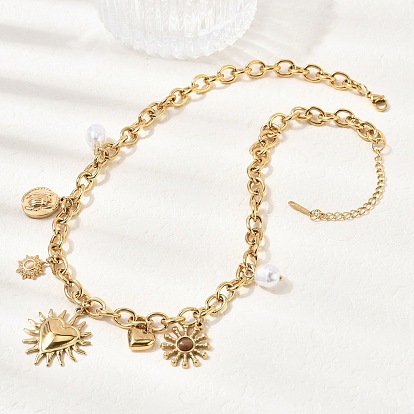 304 Женские подвески в форме солнца и сердца из нержавеющей стали и смолы, с пластиковой имитацией жемчуга, белые