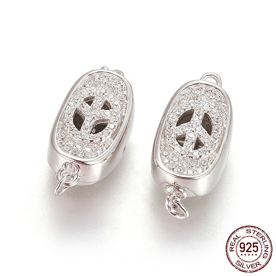 925 Sterling Silver Box Clasps, with Cubic Zirconia, with 925 Stamp, Oval with Peace Sign