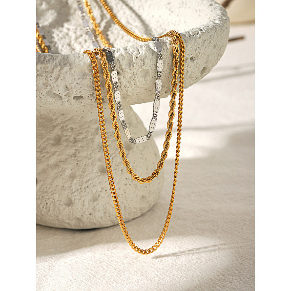 Duo Tone 304 Stainless Steel 3 Layer Chain Necklaces for Women