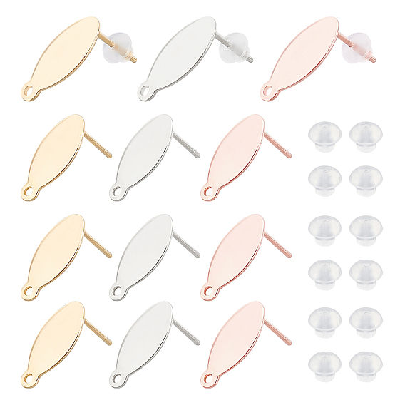 30Pcs 3 Colors 304 Stainless Steel Stud Earring Findings, with Loop and Flat Plate, Oval, with 50Pcs Plastic Ear Nuts