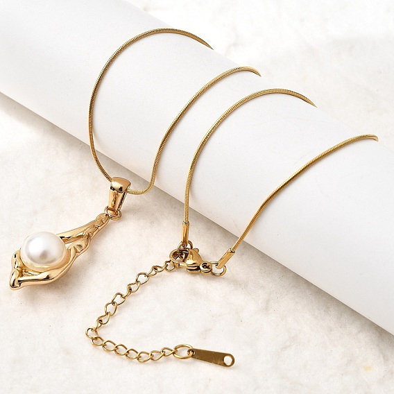 304 ожерелья с подвеской в форме ракушки из нержавеющей стали с акриловым жемчугом, ионное покрытие (ip), белые