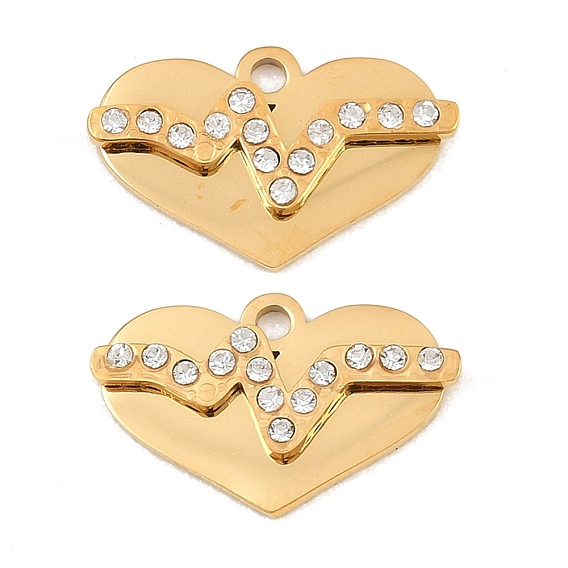 304 Stainless Steel Rhinestone Pendants, Heart Charms, Ion Plating(IP)