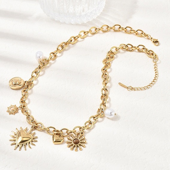 304 Женские подвески в форме солнца и сердца из нержавеющей стали и смолы, с пластиковой имитацией жемчуга, белые