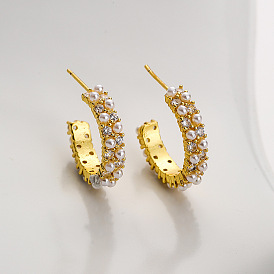18K Gold Plated Pearl and Zirconia C-shaped Earrings for Women