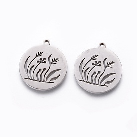 201 Stainless Steel Pendants, Manual Polishing, Flat Round with Grass
