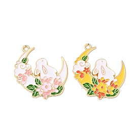 Alloy Enamel Pendants, Moon with Flower & Rabbit, Golden