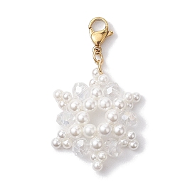 Christmas Snowflake Shell Pearl & Glass Pendants Decorations, Lobster Clasp Charms for Bag Ornaments