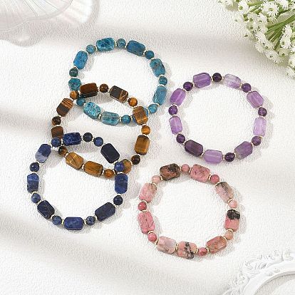 Rechteckige und runde elastische Armbänder aus natürlichen Edelsteinperlen, golden