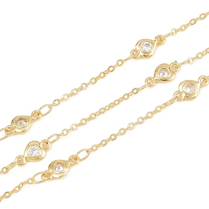 Clear Cubic Zirconia Heart Link Chains, with Brass Cable Chains, Unwelded, with Spool, Cadmium Free & Nickel Free & Lead Free