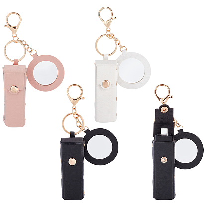 3 шт 3 цвета pu кожаный мешочек для хранения помады, портативный органайзер для бальзама для губ для женщин, с брелком из светло-золотистого сплава и зеркалом