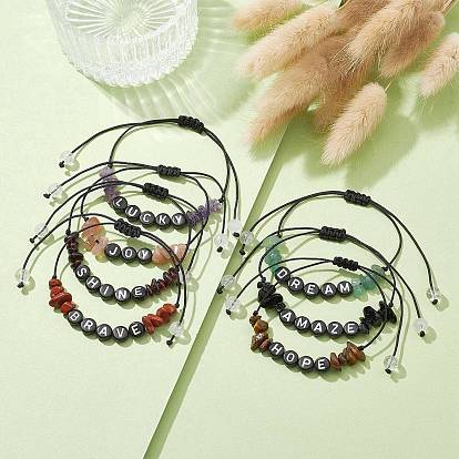 Natural Gemstone Chip Braided Bead Bracelets, Acrylic Word Bead Adjustable Bracelets for Women