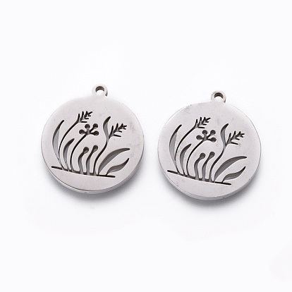 Pendentifs en acier inoxydable, polissage manuel, rond et plat avec de l'herbe