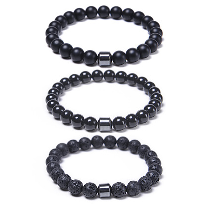 Black Lava Stone Agate Beaded Bracelet with Magnetic Clasp, 8mm Stretch Cord