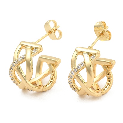 Brass Pave Clear Cubic Zirconia Stud Earrings, Toroidal