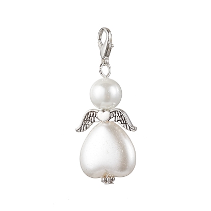 ABS Plastic Imitation Pearl & Glass Pearl Heart Angel Pendant Decorations, with Alloy Wings & Lobster Claw Clasps