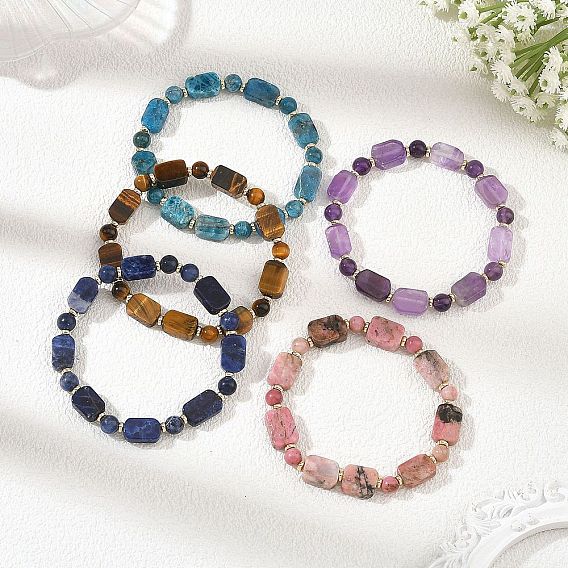 Rechteckige und runde elastische Armbänder aus natürlichen Edelsteinperlen, golden