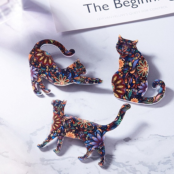 Acrylic Flower Print Cat Brooch, for Backpack Clothes
