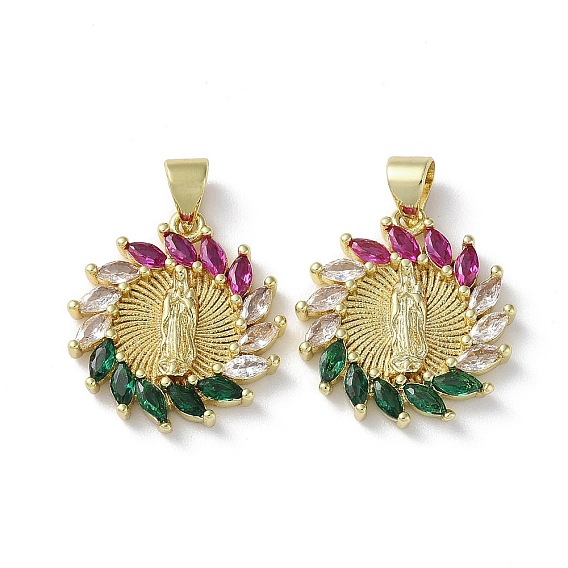Rack Plating Brass Cubic Zirconia Pendants, Lead Free & Cadmium Free, Flat Round with Saint