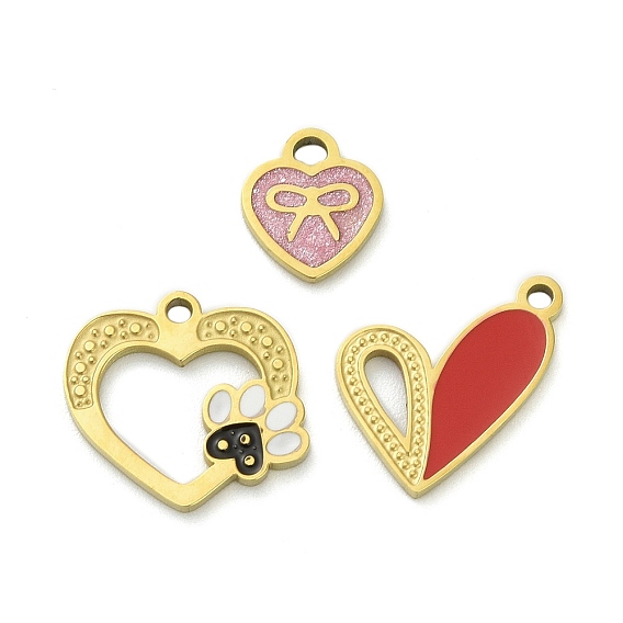 304 подвески из нержавеющей стали, сердце, с эмалью и блестящей пудрой, ионное покрытие (ip), реальный 18 k позолоченный