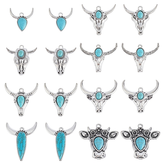 16 шт. 8 стили окрашенные подвески из синтетической бирюзы, со сплавочной фурнитурой, амулеты на голову крупного рогатого скота