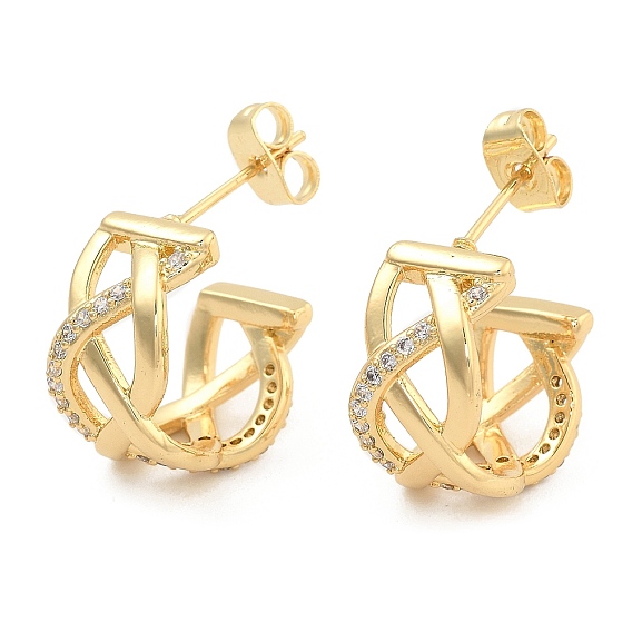 Brass Pave Clear Cubic Zirconia Stud Earrings, Toroidal