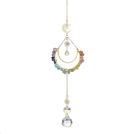 Glass Round Pendant Decoration, Hanging Suncatchers, with Sun & Moon Brass Link & Chakra Gemstone Chip Beads