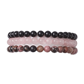 3Pcs 3 Style Natural & Synthetic Mixed Stone Round Beaded Stretch Bracelets, Stackable Bracelets