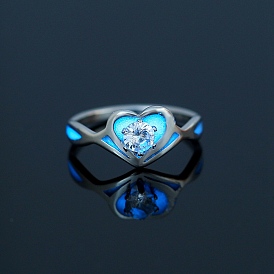 Glow in the Dark Luminous Stainless Steel Open Cuff Ring, Cubic Zirconia Heart Ring
