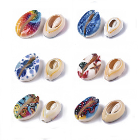 Printed Natural Cowrie Shell Beads, No Hole/Undrilled, with Marine Organism Pattern