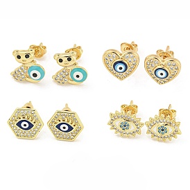 Evil Eye Real 18K Gold Plated Brass Stud Earrings, with Enamel and Clear Cubic Zirconia