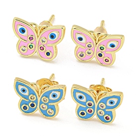 Butterfly with Evil Eye Real 18K Gold Plated Brass Stud Earrings, with Enamel and Cubic Zirconia