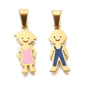 PVD Vacuum Plating 304 Stainless Steel Enamel Pendants, Boy & Girl Charm, Real 18K Gold Plated