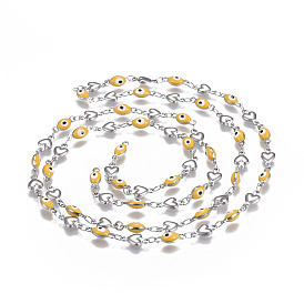 304 Stainless Steel Enamel Chains, Soldered, Heart and Oval Evil Eye, Stainless Steel Color