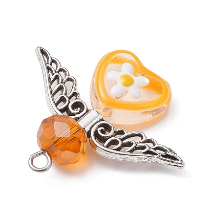 Corazón de cristal con colgante de alas de aleación de estilo tibetano., con 304 bucles de acero inoxidable, encantos de hadas