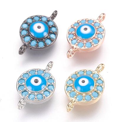 Brass Micro Pave Cubic Zirconia Links, Flat Round with Evil Eye