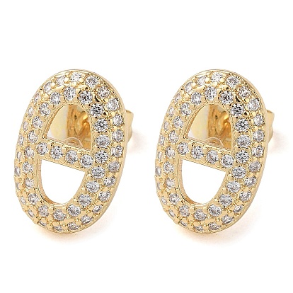 Rack Plating Brass Micro Pave Cubic Zirconia Stud Earrings, Hollow Oval