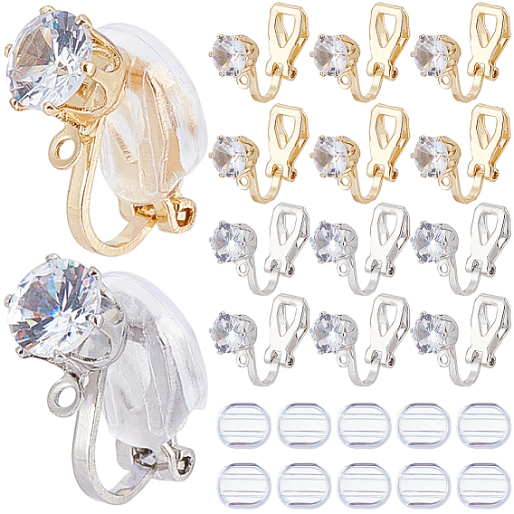 32 шт. 2 цвета детали клипс из латуни, с прозрачным фианитом, петлями и силиконовыми клипсами на подушечках.