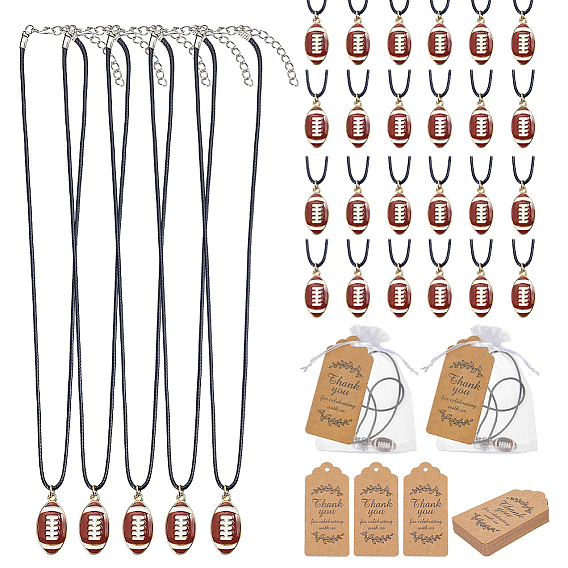 36Pcs Waxed Cord Necklace, with Alloy Enamel Pendants and Paper Card and Organza Bags, Rugby