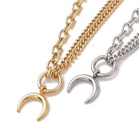 Double Horn/Crescent Moon Pendant Necklace for Women, 304 Stainless Steel Chain Necklace