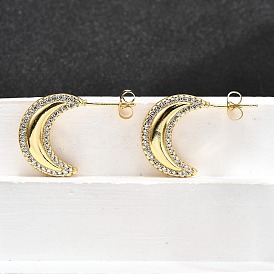 Женские серьги-гвоздики из латуни с микропаве и прозрачным кубическим цирконием, луна