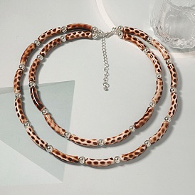 Пластиковые и смоляные изогнутые трубчатые двухслойные ожерелья с принтом под леопардовую кожу для женщин, платина