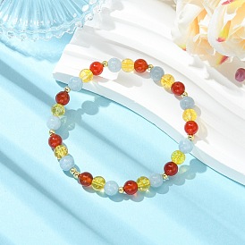 6 Pulseras elásticas de la amistad con cuentas redondas de cornalina natural, cuarzo teñido y citrino sintético de {2} mm, dorado
