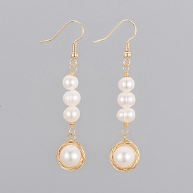 Dangle Earrings, with Natural Cultured Freshwater Pearl Beads and Brass Earring Hooks, Cardboard Box